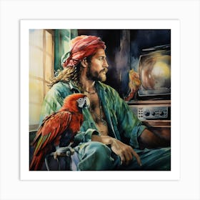 Pirate And Parrot Watching TV Art Print