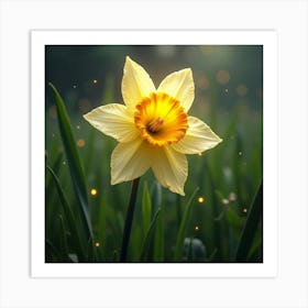 A Radiant Daffodil With Petals Of Glowing Crystal In A Magical Meadow Art Print