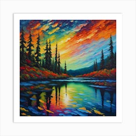 Sunset On The Lake. Enchanted Sunset: Vibrant Nature-Inspired Canvas Art with Abstract Pine Trees Art Print
