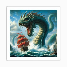 Serpent Dragon attacks ship Art Print