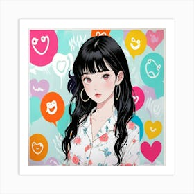 Anime Girl With Hearts Art Print