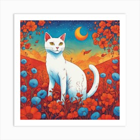 White Cat In A Flower Field Art Print