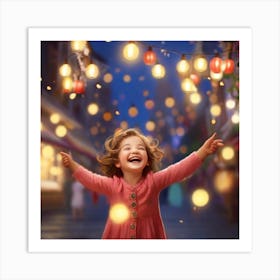 Little Girl With Christmas Lights Art Print