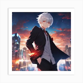 Anime Character Standing In Front Of A City Art Print