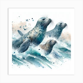 Sea Seals In Motion, Sea Seals Watercolour Art Print 2 Art Print