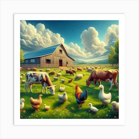 Farm Animals And Chickens Art Print