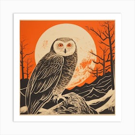 Retro Bird Lithograph Snowy Owl 3 Art Print