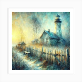 Serene Dawn: Old Lighthouse, Weathered Cottage, and Tranquil Scenes. Art Print