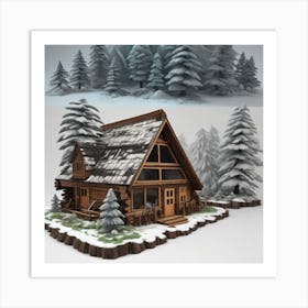Small wooden hut inside a dense forest of pine trees with falling snow 4 Art Print