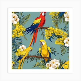 Seamless Pattern With Acacia Flowers And Parrots Vector 2 Art Print