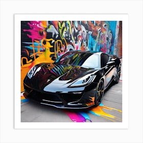 Black Sports Car In Front Of Graffiti Art Print