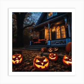 Halloween Pumpkins In Front Of A House 1 Art Print