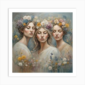 Three Women With Flower Crowns Art Print