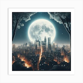 Full Moon Over City  Art Print