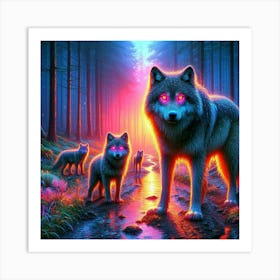 Mystical Forest Wolves Seeking Mushrooms and Crystals 2 Art Print