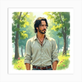 Keanu Reeves In A Tranquil Watercolor Park Scene With Gentle Breezes Art Print