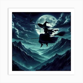 Witch Flying In The Night Sky Art Print