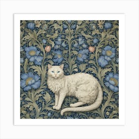 White Cat With Blue Flowers william morris inspired art 1 Art Print