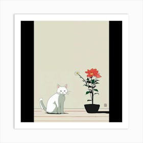 White Cat And A Flower Art Print