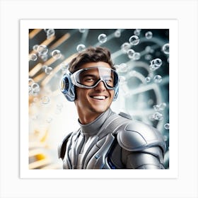 3d Dslr Photography, Model Shot, Man From The Future Smiling Chasing Bubbles Wearing Futuristic Suit Designed By Apple, Digital Helmet, Sport S Car In Background, Beautiful Detailed Eyes, Professional Award W (2) Art Print