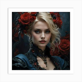Beautiful Woman With Red Roses 1 Art Print