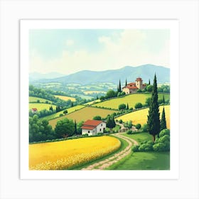 Scenic Italian Countryside In Watercolor, With Patchwork Fields And Quaint Farms 1 Art Print