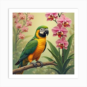 Parrot Near Blooming Orchids 1 Art Print