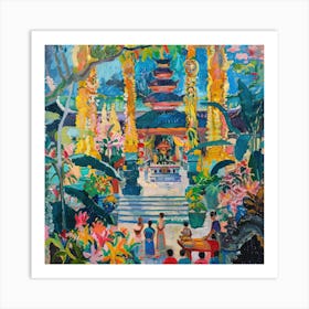 Balinese Temple Ceremony in Style of David Hockney 4 Art Print