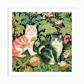 Two Cats In A Garden in William Morris style Art Print