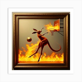 A Bouncing Kangaroo Playing Basketball With Fire, Inspired By The Kinetic Sculptures Of Alexander Calder, With A Fiery Red And Orange Palette, Where The Fire Is In Focus And The Rest Of The Scene Is Blurred Art Print