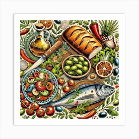 Mediterranean Cuisine Printed Art A Vibrant Illustration Celebrating The Rich Flavors Of Mediterranean Dishes, Perfect For Bringing Warmth And Authenticity To Any Restaurant Space Printed Art Art Print