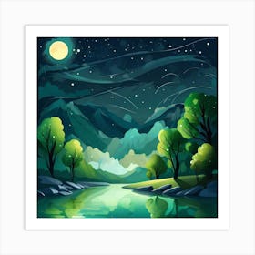 Landscape With Trees And Moon Art Print