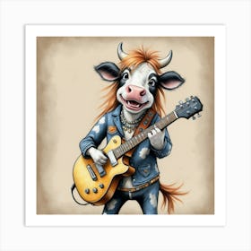 Cow Rocking A Guitar Art Print