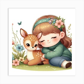 Cute Little Girl With A Deer 1 Art Print