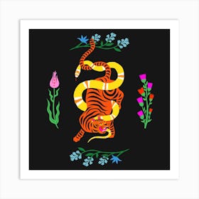 Tiger And Snake Battle Flowers Square Art Print
