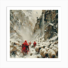 Shepherds In The Snow, In Warm Colors, Impressionism, Surrealism Art Print