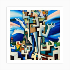 Cubist painting depicting: Person Rising Above of a Sea of Doubt, Fear and Chaos 1 Art Print