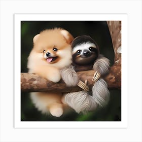 Pomeranian And Sloth hanging out Art Print