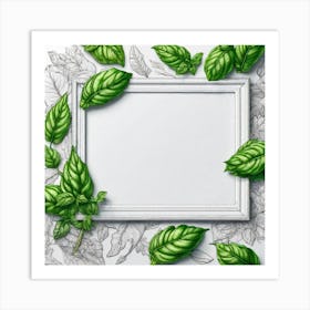 White Frame With Green Leaves Art Print