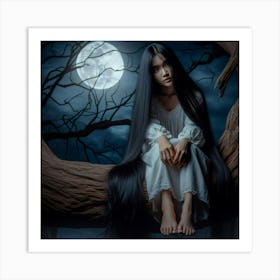 Asian Girl Sitting On A Tree Art Print