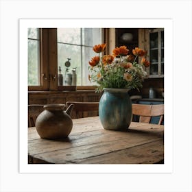 Rustic Kitchen Table With Flowers Art Print