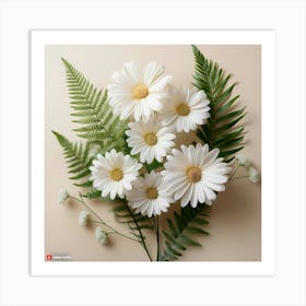 Firefly Delicate Daisy Like Flowers In White, With Fern Accents, On A Smooth Ivory Backdrop 1 Art Print