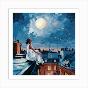 Moonlit Rooftop Scene With Golden Thread Connection Art Print