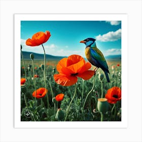 Bird On Poppies Art Print