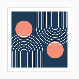 Mid Century Modern Geometric In Navy Blue And Coral (Rainbow And Sun Abstract) 02 Art Print