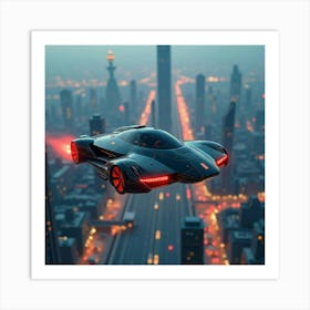 High Tech Flying Car With Glowing Lights, Cruising Above A Futuristic City 1 Art Print