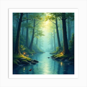 Mystical Watercolor Forest Clearing With Floating Lights 1 Art Print