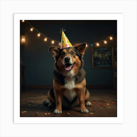 Photo Of Ultra Realistic Dog With Party Hats, Dramatic Light, Cinematic Lighting Art Print