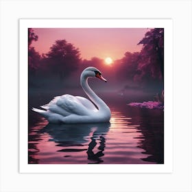 Wild swan swimming on the lake at sunset Art Print