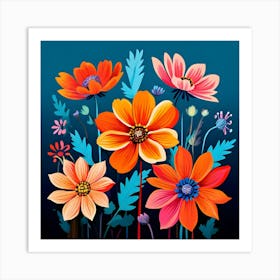 Flowers On A Blue Background 6 Art Print